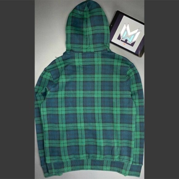 Polo Ralph Lauren Pullover Sherpa Hoodie Plaid Green Men’s Medium 5986 - Picture 2 of 10